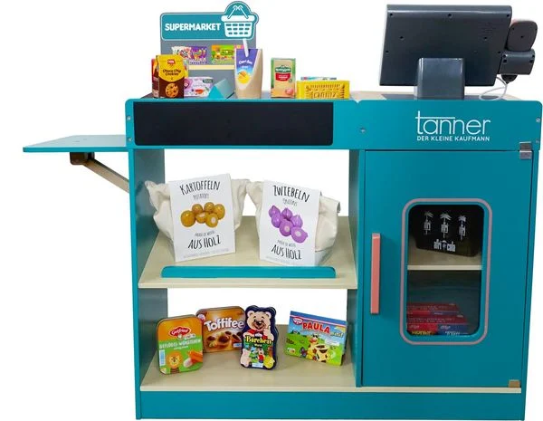 Moderne Supermarkt Theke aus Holz mit integriertem Kassensystem