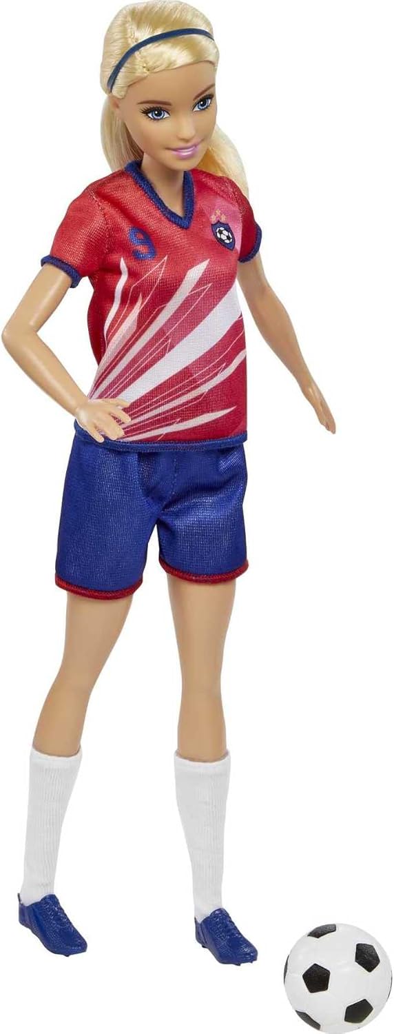 Barbie Soccer Doll Fußballspielerin mit rotem Trikot und Puppe mit Ball