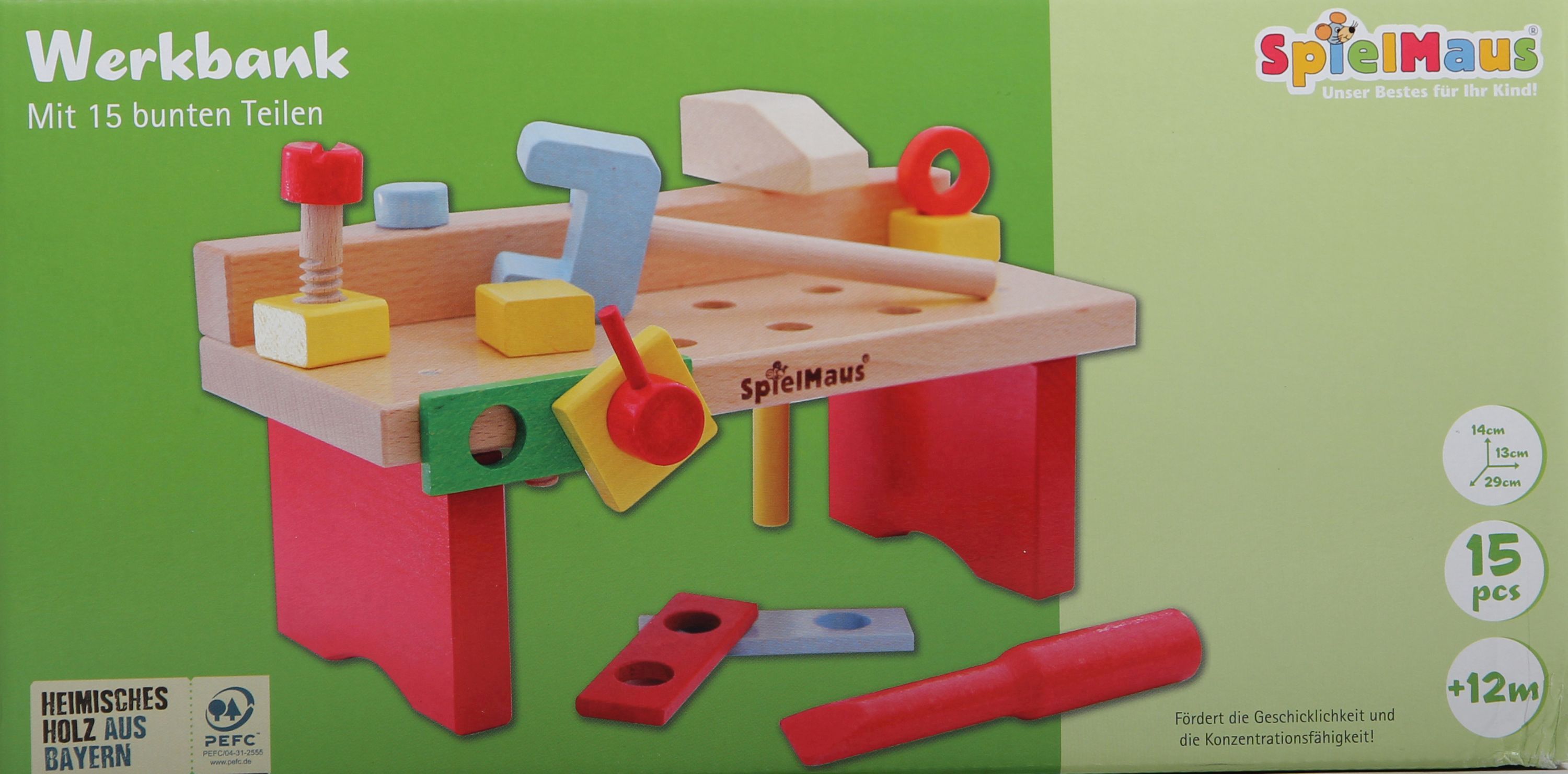 SpielMaus Holz Werkbank 15-teilig, 29 x 14 x 13 cm Maschine, Schraube