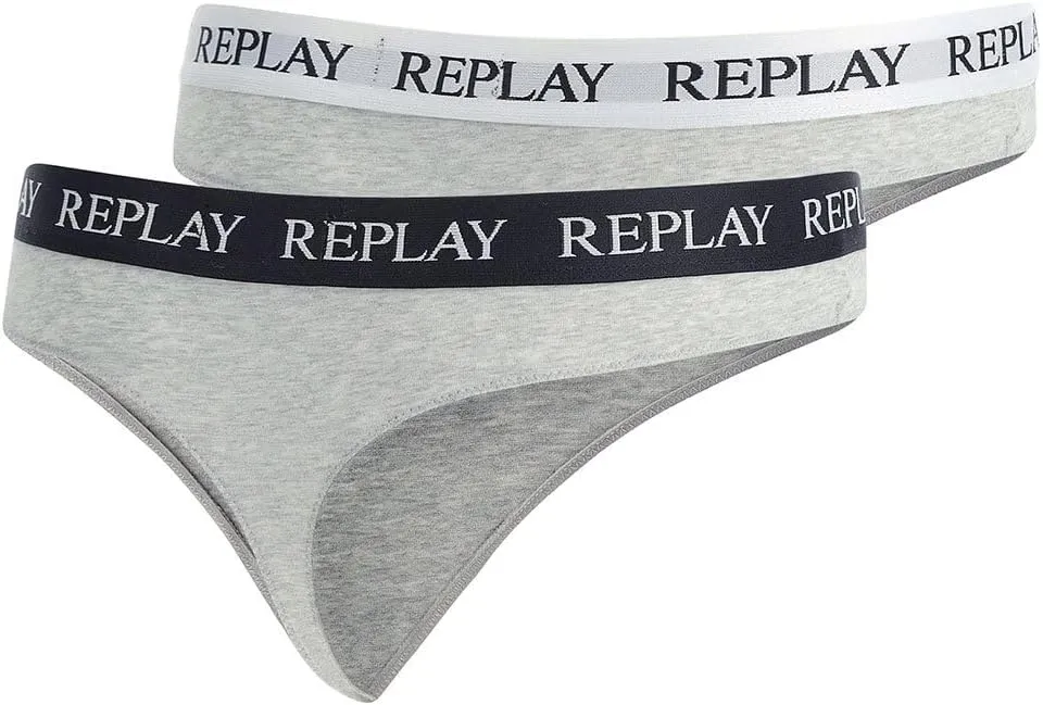 REPLAY Damen Strings I101296GR - Grau/Weiß/Schwarz, 2er Pack mit Logo-Bund GR. L