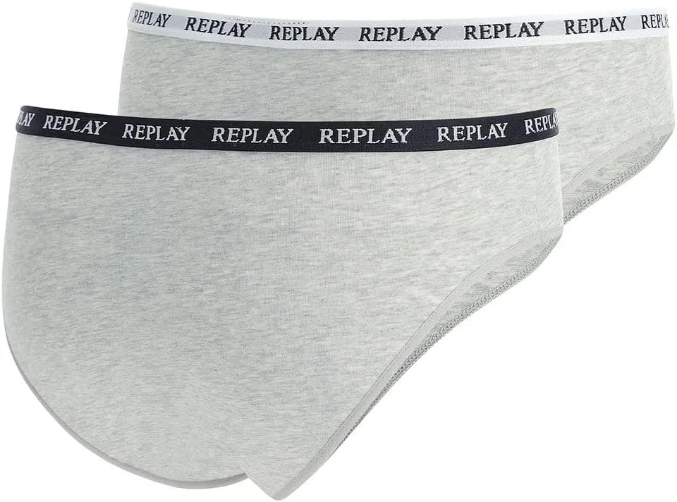 REPLAY Damen Slips I101297GR - Grau/Weiß/Schwarz, 2er Pack mit Logo-Bund GR. L
