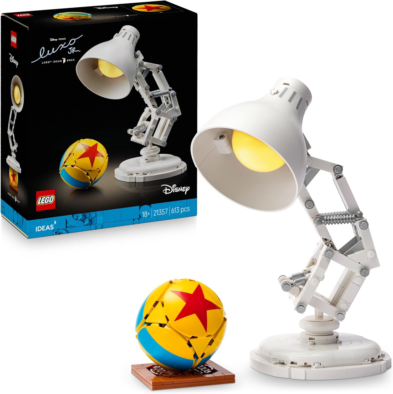 LEGO® Ideas 21357 Disney Pixar Luxo Jr. LEGO® Ideas 21357 Disney Pixar Luxo Jr. – Verpackung, Zubehör und Details sichtbar