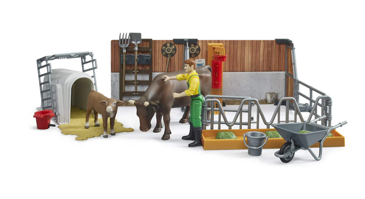 Bruder 62611 bworld Kuh- und Kälberstall mit Landwirt Stier, Person, Vieh, Ochse, Kuh
