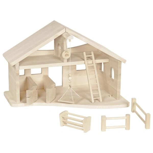 goki Holzstelzen Stall mit Seilwinde - Massivholz-Bauernhofstall, 56,5 × 38 × 39,5 cm