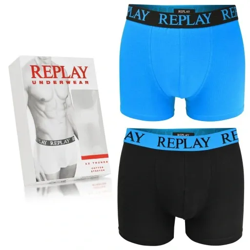 REPLAY Herren Boxershorts I101143BB - Blau/Schwarz, 2er Pack mit Logo-Bund GR. L