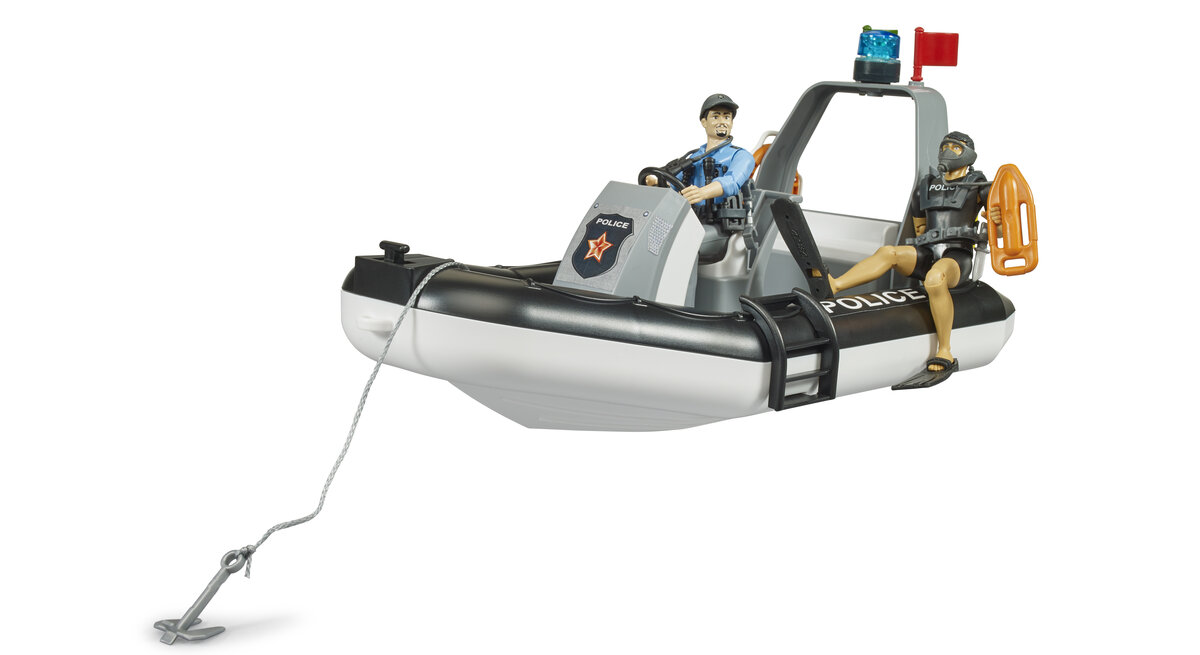 Bruder_62733_Bworld_Polizei_Schlauchboot_Mit_Rundumleuchte,_2_Figuren_Und_Zubehör, Wasserfahrzeug, Beiboot, Schutzhelm, Weste, Person
