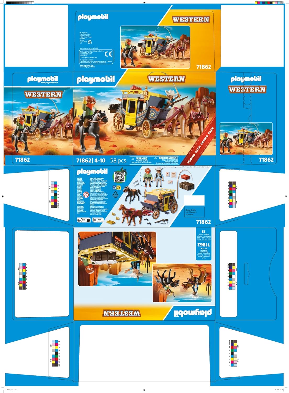 Playmobil Western Postkutsche Set 71862 – Verpackungsdesign mit Kutsche, Pferden und Cowboys im Wilden Westen