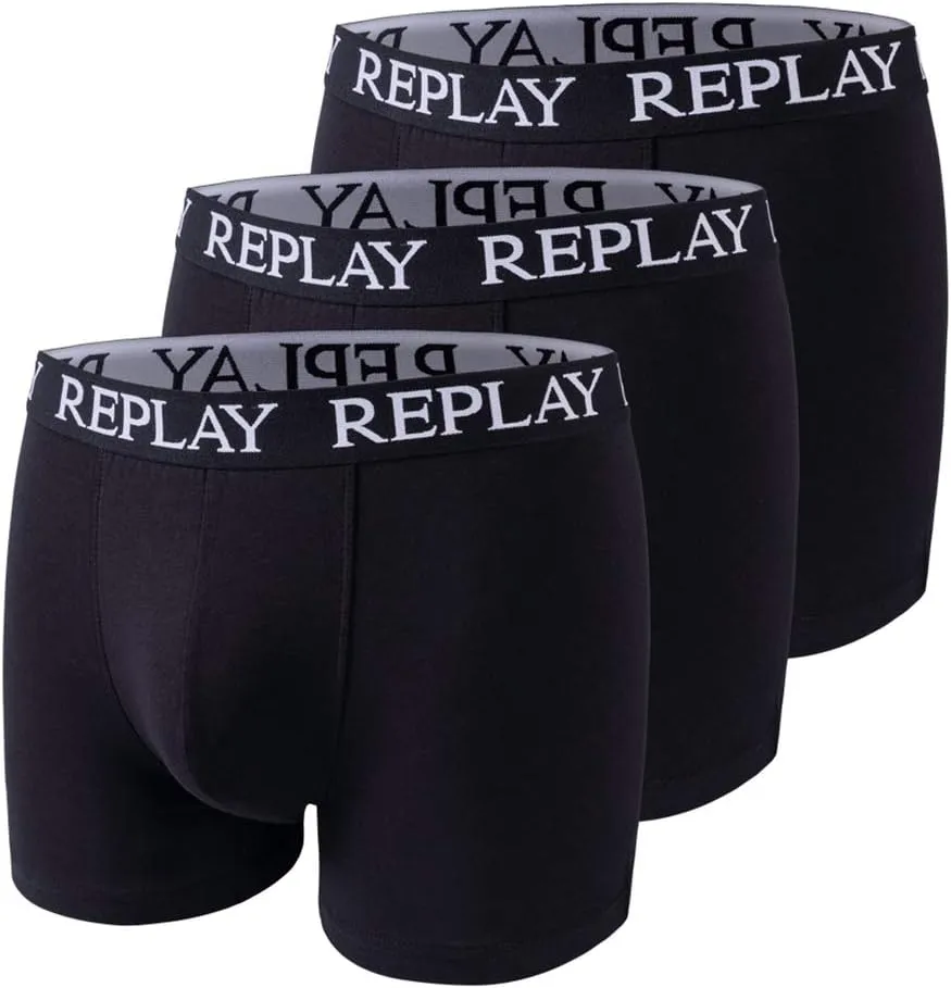 REPLAY Herren Boxershorts I101102BK - Schwarz, 3er Pack mit Logo-Bund GR. M