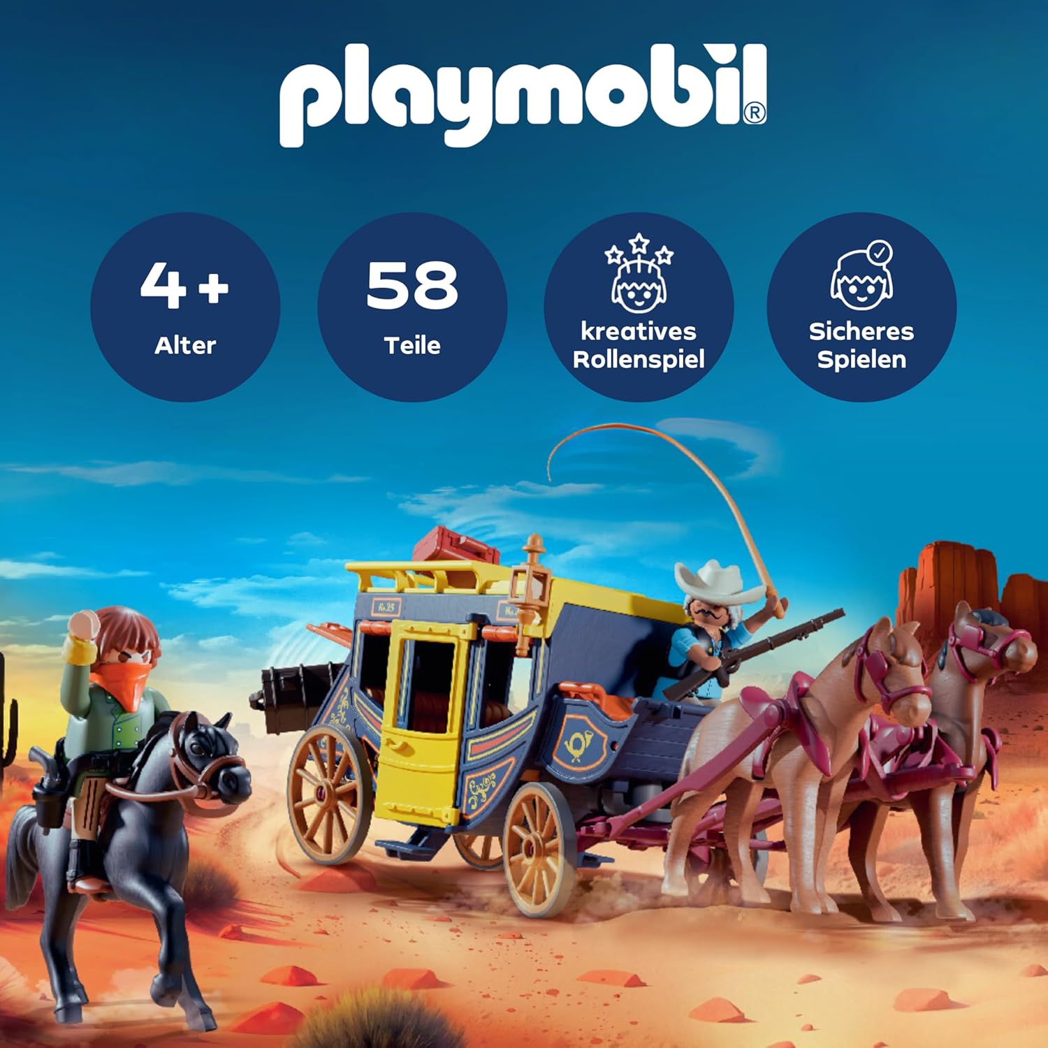 Playmobil Western 71862 – Verpackung mit Postkutsche, Pferden und Cowboys in Westernszene
