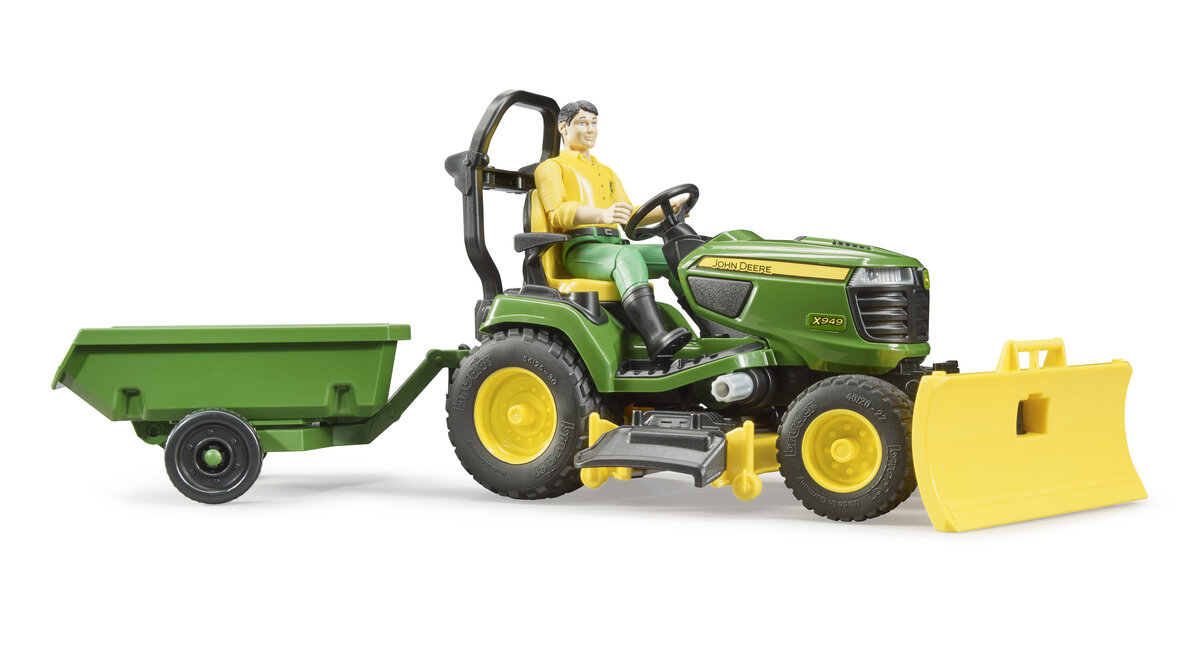 Bruder_62104_Bworld_John_Deere_Aufsitzrasenmäher\nMit_Anhänger_Und_Gärtner, Gras, Maschine, Rad, Person, Rasenmäher