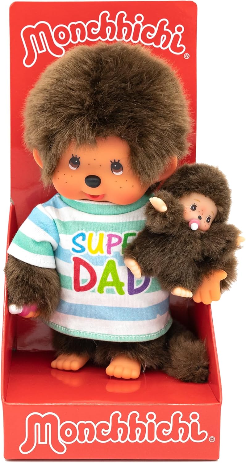 Monchhichi Super Dad mit Baby – 20 cm – Verpackung, Zubehör und Details sichtbar