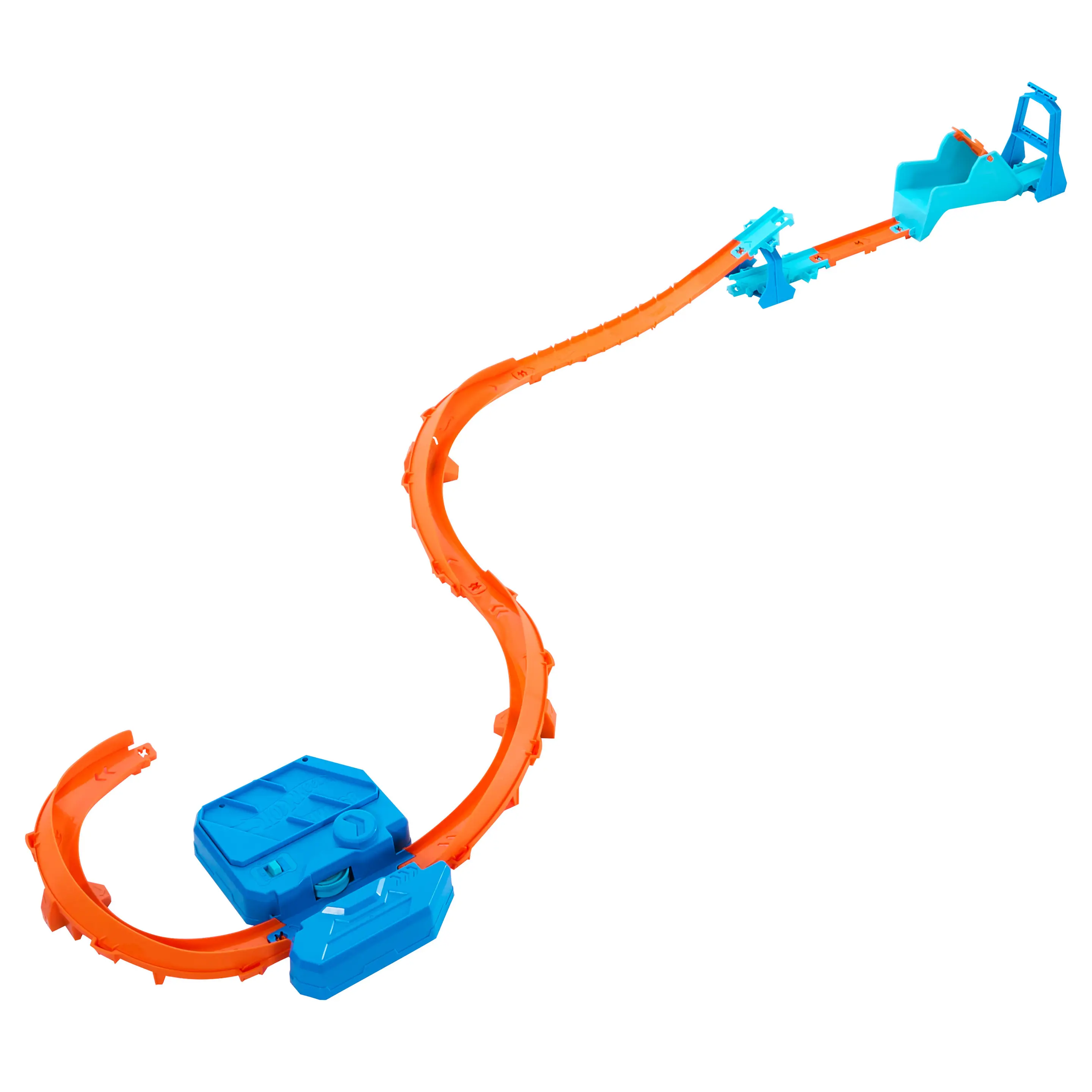 Hot Wheels Track Creator Beschleuniger-Sprung-Schnellstrecke-Set mit Spielzeugauto im Maßstab 1:64 und motorisiertem B