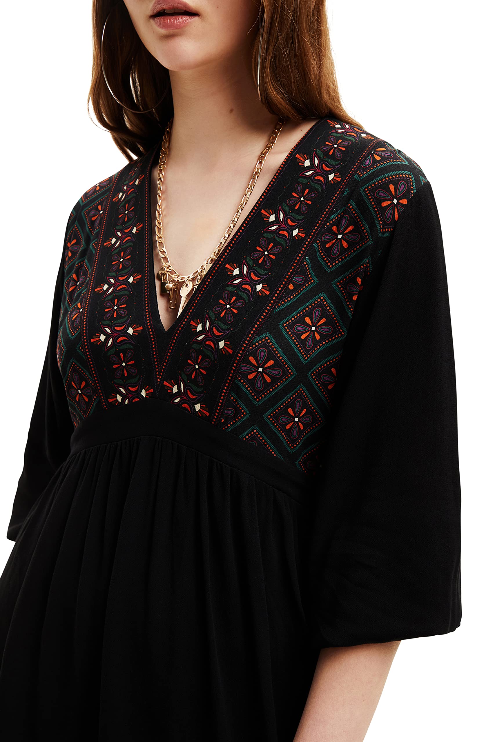Desigual Damen Casual Dress – Langarmkleid mit geometrischem Muster, Schwarz GR. XXL