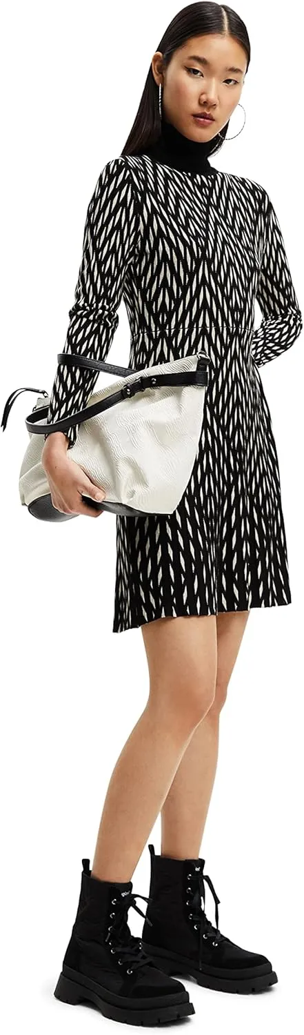 Desigual Damen Kleid - Schwarz-weißes Strickkleid mit Rollkragen 22WWVF072000 GR. S