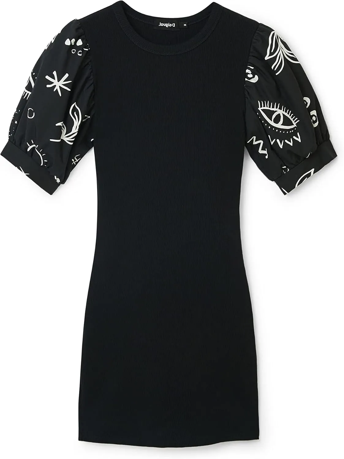 Desigual Damen Kleid - Schwarzes Kleid mit Puffärmeln und Kontrastprint 22WWVK712000 GR. L