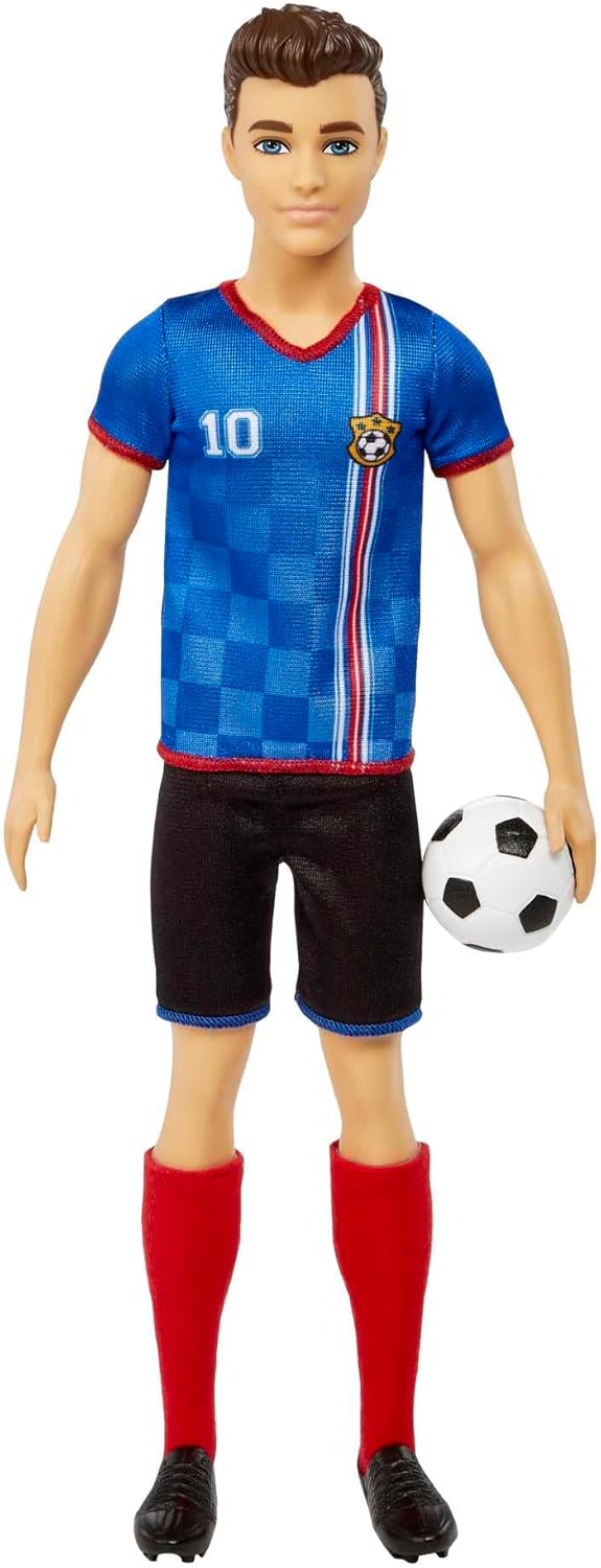 Barbie® Ken Fußballspieler-Puppe - 29 cm, You Can Be Anything Serie, blaues Trikot mit Nummer 10, schwarze Shorts, rote Stutzen, Fußball-Zubehör, ab 3 Jahren