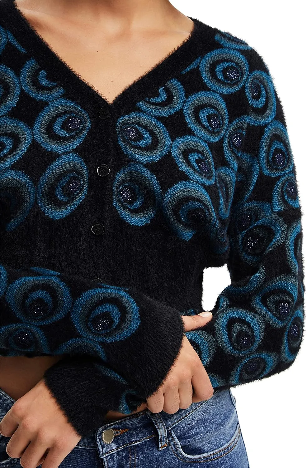 Desigual Damen Strickjacke - Schwarze Cardigan mit blauem Kreis-Muster 22WWJF874139 GR. M