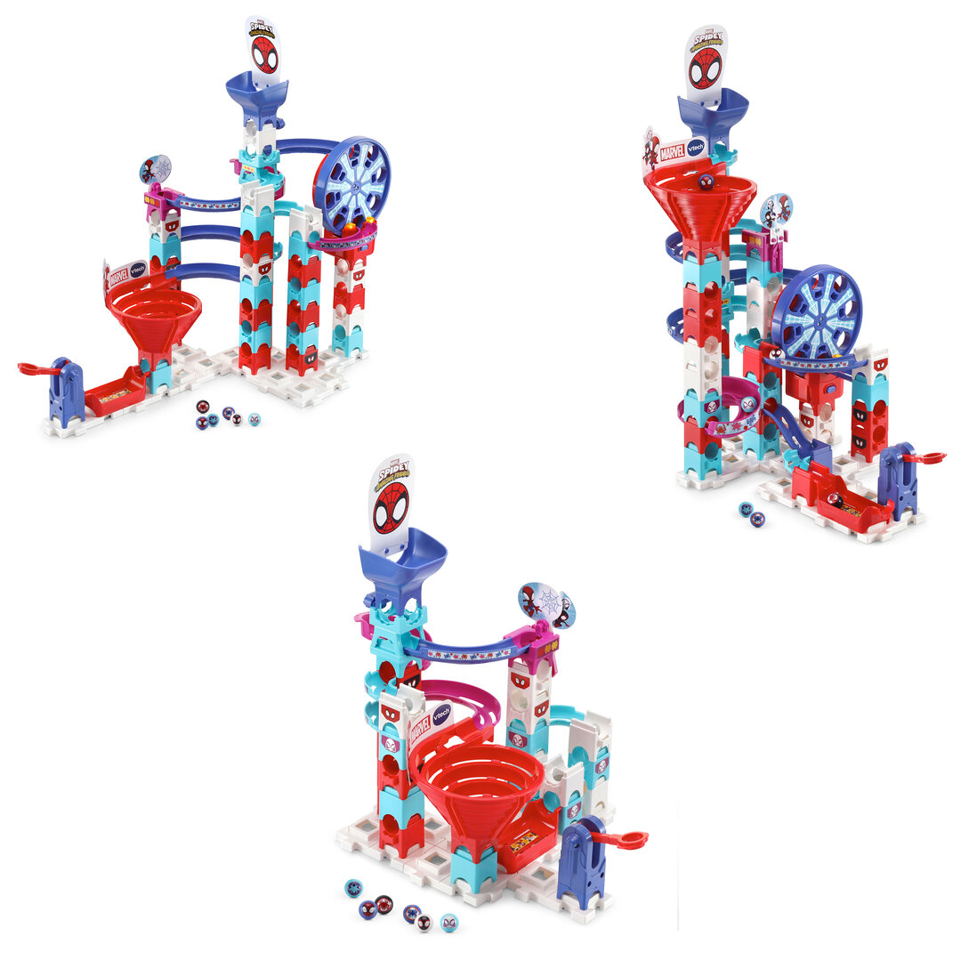 VTech Marble Rush Spidey Super Spin Challenge SP300 E  62 Teile mit motorisiertem Riesenrad, 6 Spidey-MarBalls, einstellbarer Launcher, versteckter Spidey-Effekt, fördert Kreativität & räumliches Denken, ab 4 J., Spielzeug