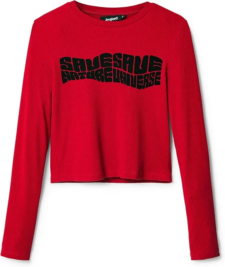 Desigual Damen Langarmshirt - Rotes Rippshirt mit Statement-Print 22WWTK933014 GR. XL