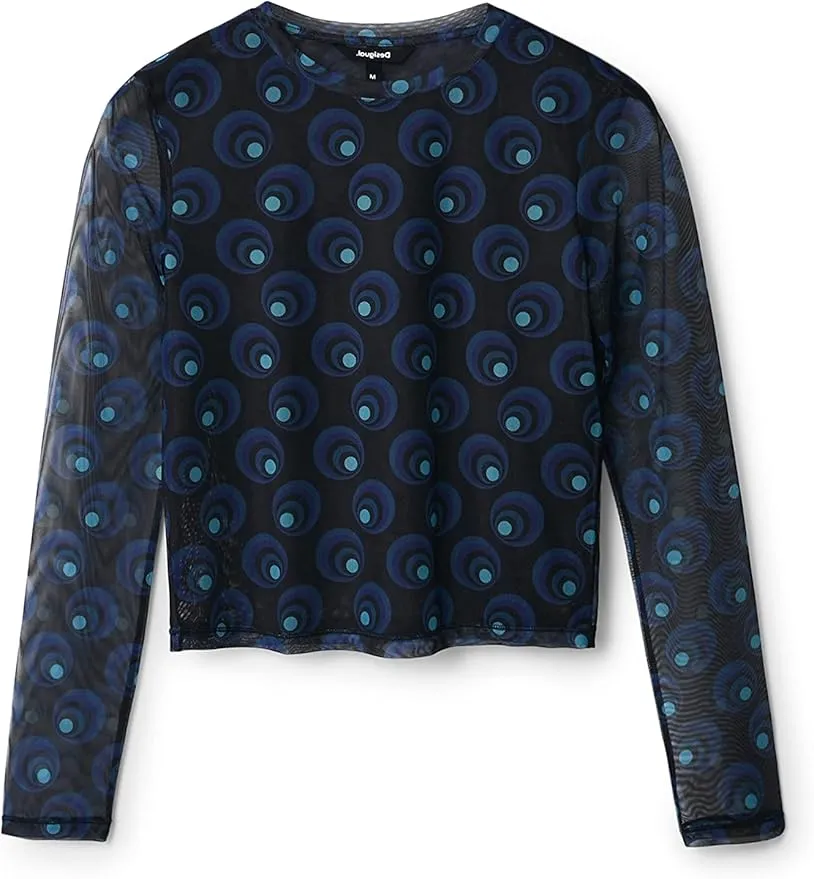 Desigual Damen Langarmshirt - Schwarzes Mesh-Shirt mit blauem Kreisprint 22WWTK815000 GR. XS