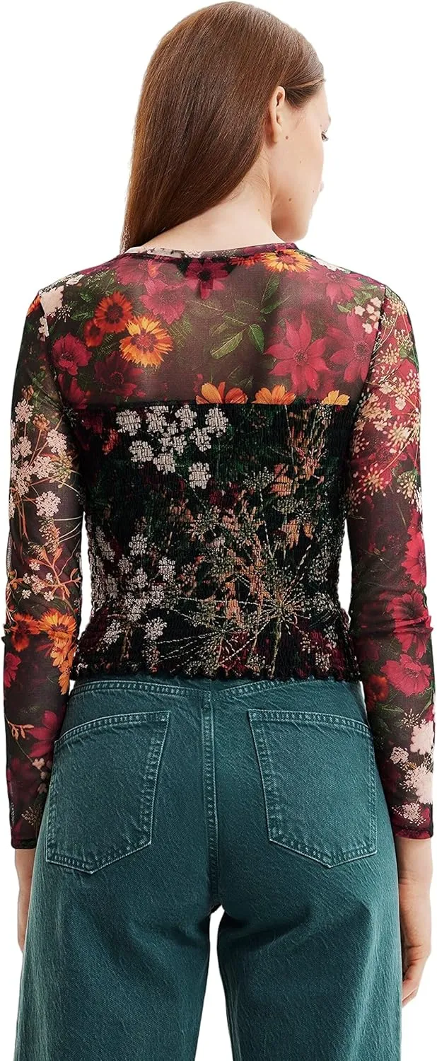 Desigual Damen Langarmshirt - Schwarzes Mesh-Shirt mit abstraktem Muster 22WWTK639019 GR. XL