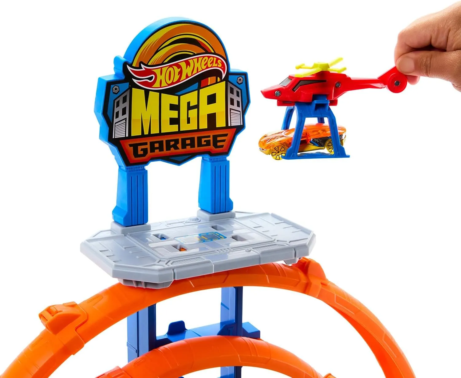Hot Wheels City Mega-Parkgarage-Spielset mit 1 Die-Cast-Spielzeugauto und 1 Spielzeug-Hubschrauber im Maßstab 1:64