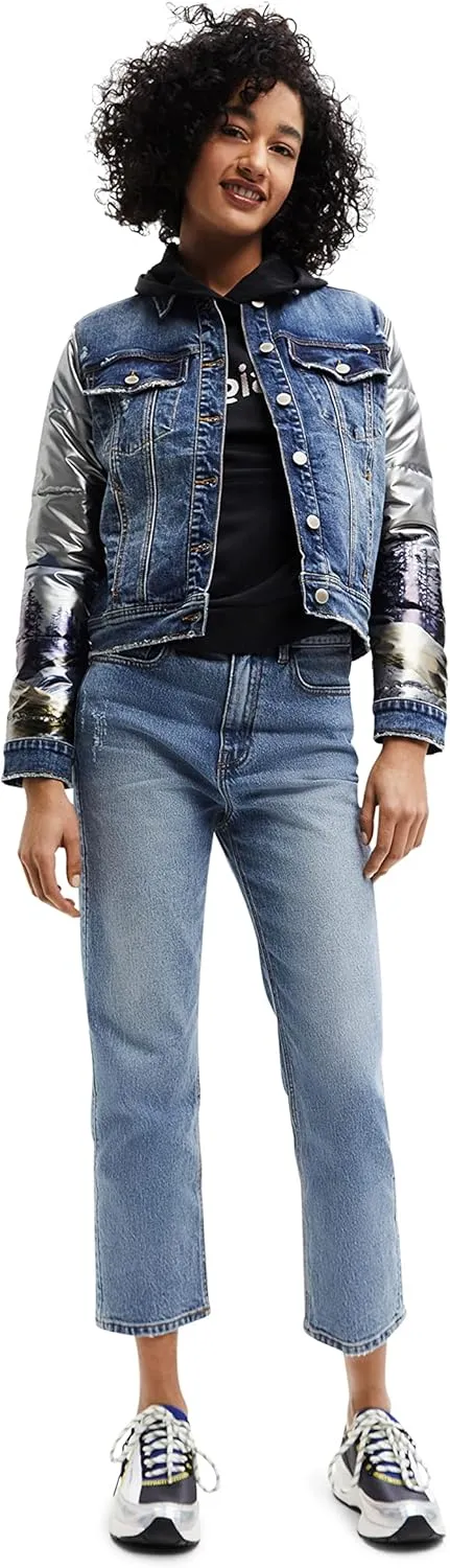 Desigual Damen Jacke - Jeansjacke mit silbernen Ärmeln 22WWEWAX2004 GR. S