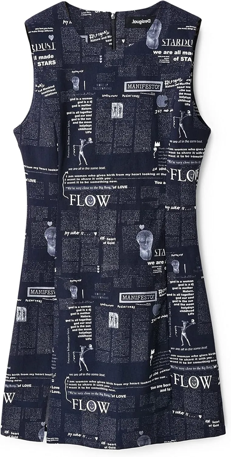 Desigual Damen Kleid - Dunkelblaues Kleid mit Print und Textmotiven 22WWVW492000 GR. S