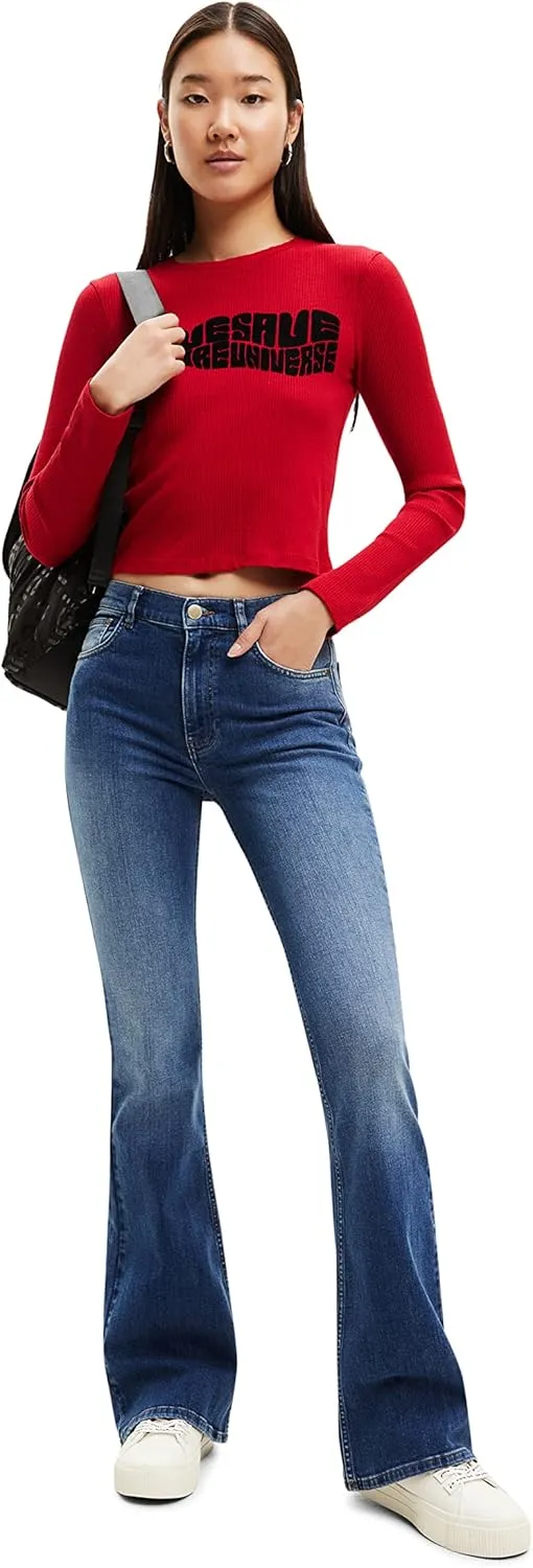 Desigual Damen Langarmshirt - Rotes Rippshirt mit Statement-Print 22WWTK933014 GR. XL