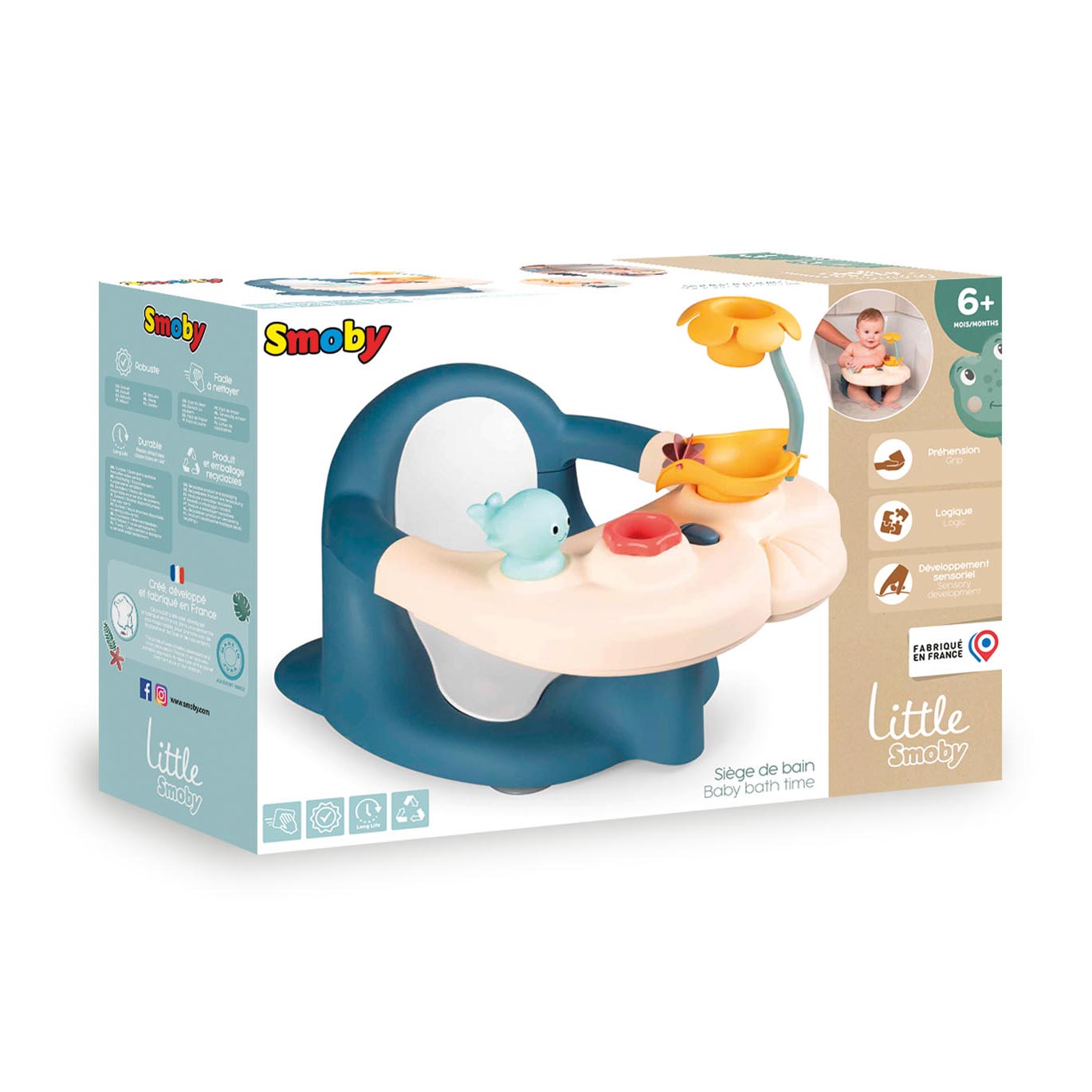 Smoby Little Baby-Badesitz mit 2-in-1 Aktivitäts-Tablett Blumen-Dusche, Schaufelrad, Wasserbecher, Wasserspritzfigur, mit Saugnäpfen, ab 6 Monaten,