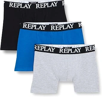 REPLAY Herren Boxershorts I101102BBG - Schwarz/Grau/Blau, 3er Pack mit Logo-Bund GR. L