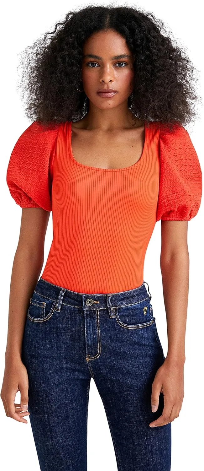 Desigual Damen Body - Oranger Body mit Puffärmeln 22WWQK187002 GR. L