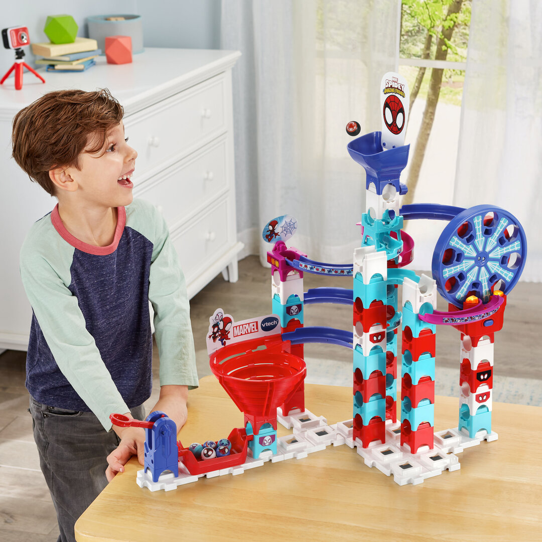 VTech Marble Rush Spidey Super Spin Challenge SP300 E  62 Teile mit motorisiertem Riesenrad, 6 Spidey-MarBalls, einstellbarer Launcher, versteckter Spidey-Effekt, fördert Kreativität & räumliches Denken, ab 4 J., Person, Maschine, Rad