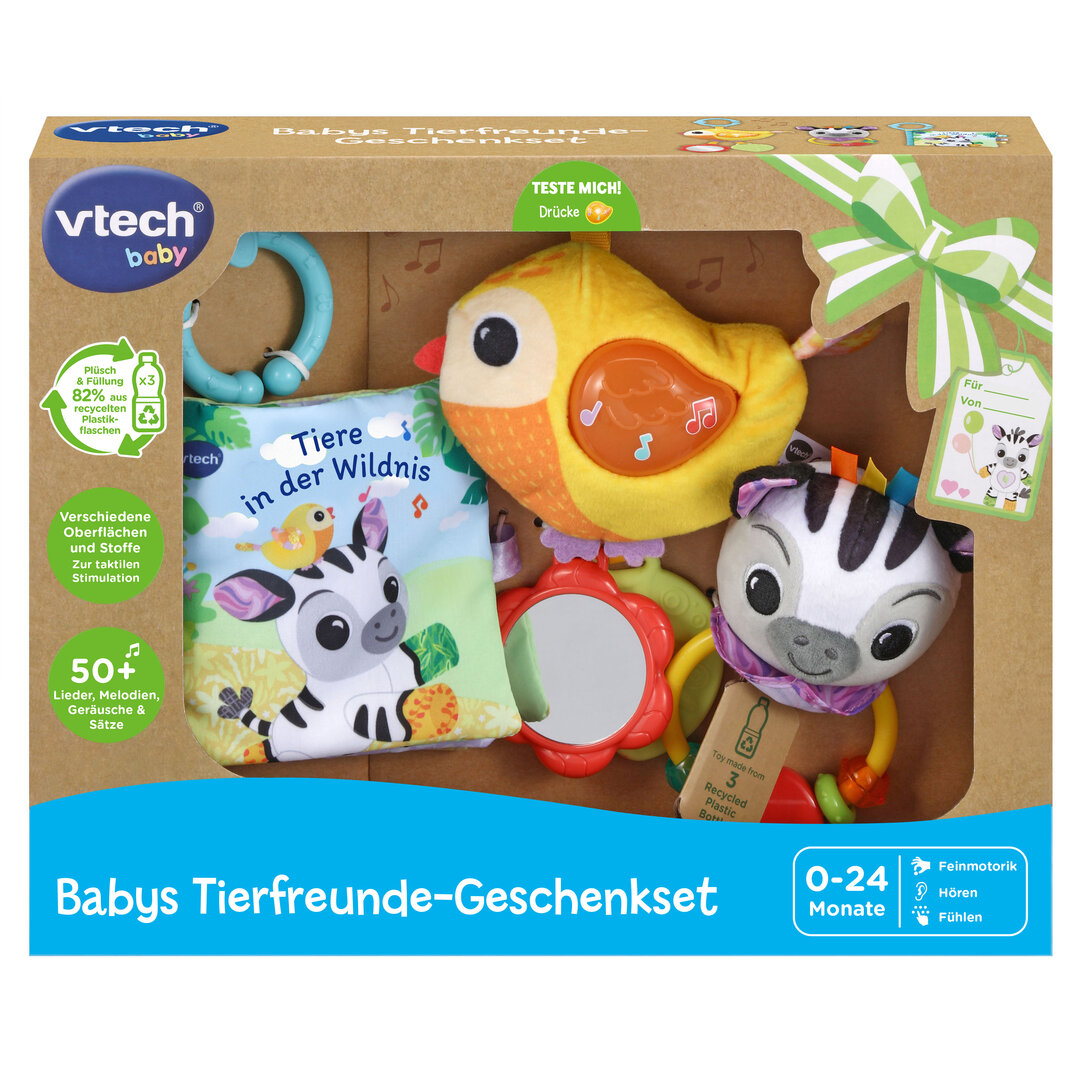VTech Babys Tierfreunde-Geschenkset aus 3 Teilen: weiches Stoffbuch, Zebrarassel, Vogel mit Spiegel & Beißhilfe; 6 Lieder, 45 Melodien, 82 % recycelter Plüsch, kindersicher ab 0,5 J., Spielzeug, Plüsch