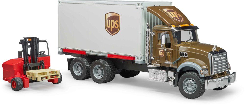 Bruder_02828_Mack_Granite_Ups_Logistik-Lkw_Mit_Mitnahmestapler, lkw, Fahrzeug, Anhänger-LKW, Maschine, Rad