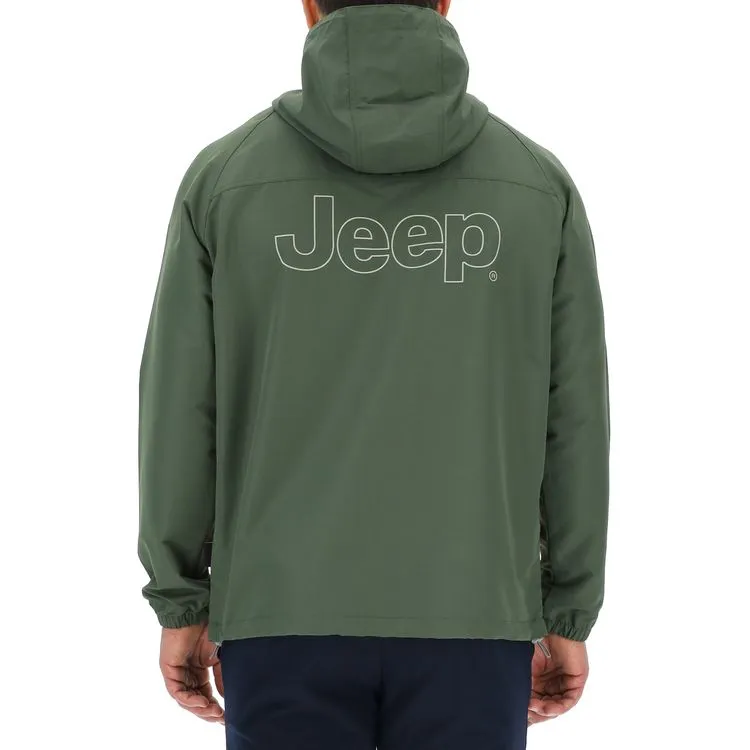 JEEP Herren Windjacke O102712GR - Grüne leichte Kapuzenjacke mit großem Jeep-Outline-Rückendruck GR. XXL
