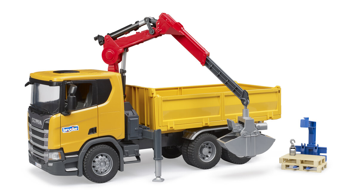 Bruder_03551_Scania_Super_560R_Baustellen-Lkw_Mit_Kran_Und_2_Paletten, Maschine, Rad, Spielzeug