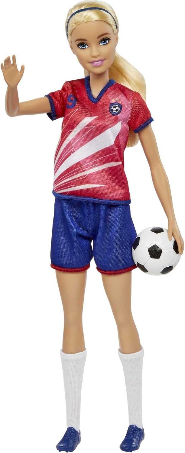 Barbie Soccer Doll Fußballspielerin mit rotem Trikot und Puppe mit Ball