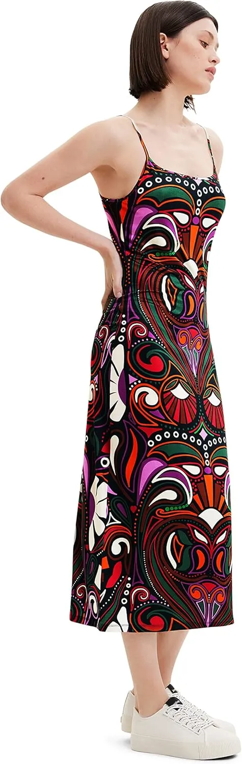 Desigual Damen Kleid - Buntes Midikleid mit Trägern und Retro-Muster 22WWVK232000 GR. M