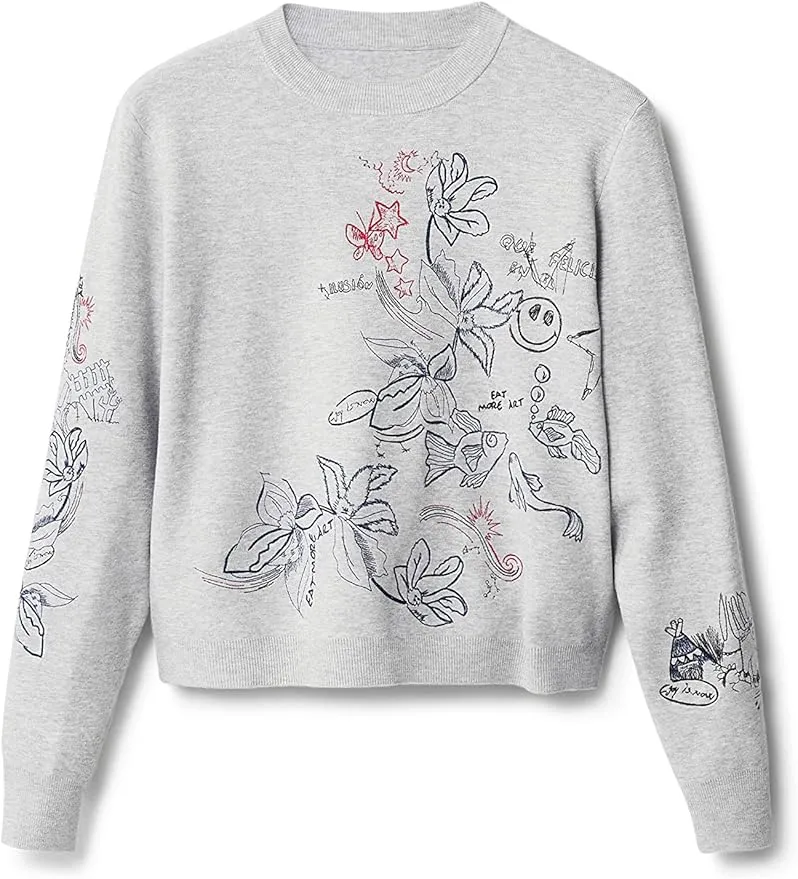 Desigual Damen Pullover - Grauer Sweater mit floraler Stickerei 22WWJFAF2042 GR. XS