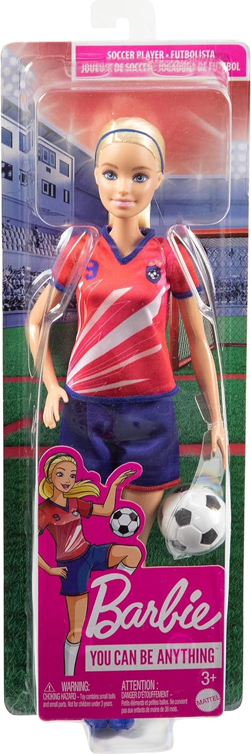 Barbie Soccer Doll blonde Puppe im roten Fußball-Outfit mit Ball, Trikot mit Nummer 9 Barbie Soccer Doll Fußballspielerin mit rotem Trikot und Puppe mit Ball