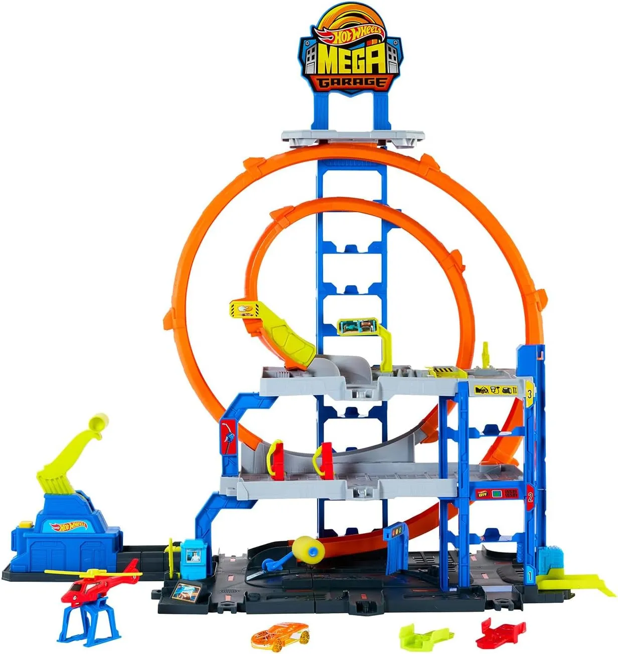 Hot Wheels City Mega-Parkgarage-Spielset mit 1 Die-Cast-Spielzeugauto und 1 Spielzeug-Hubschrauber im Maßstab 1:64