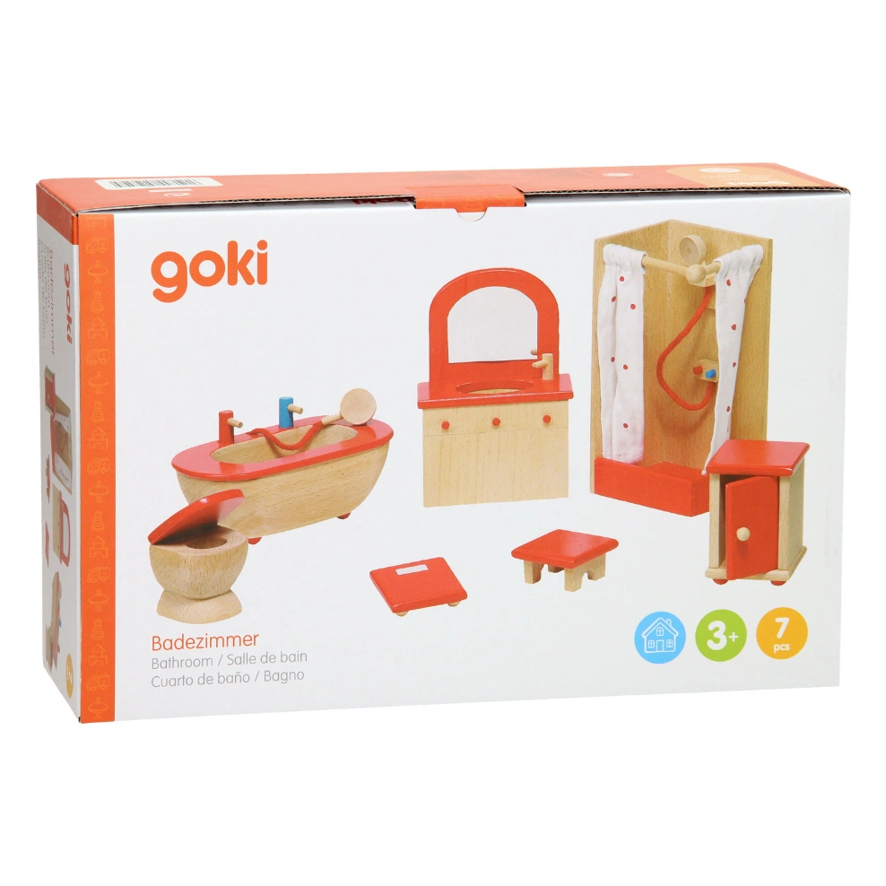 goki Puppenhausmöbel „Badezimmer“ - Komplett-Set mit Dusche, Wanne & WC