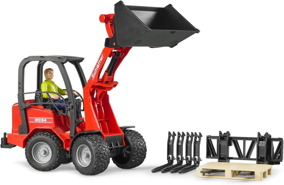 Bruder_02191_Spielzeug-Radlader_Schäffer_Hoflader_2630_mit_Figur_und_Zubehör,_1:16,_rot,_Made_in_Germany, Rasenmäher, Werkzeug, Maschine, Person, Rad