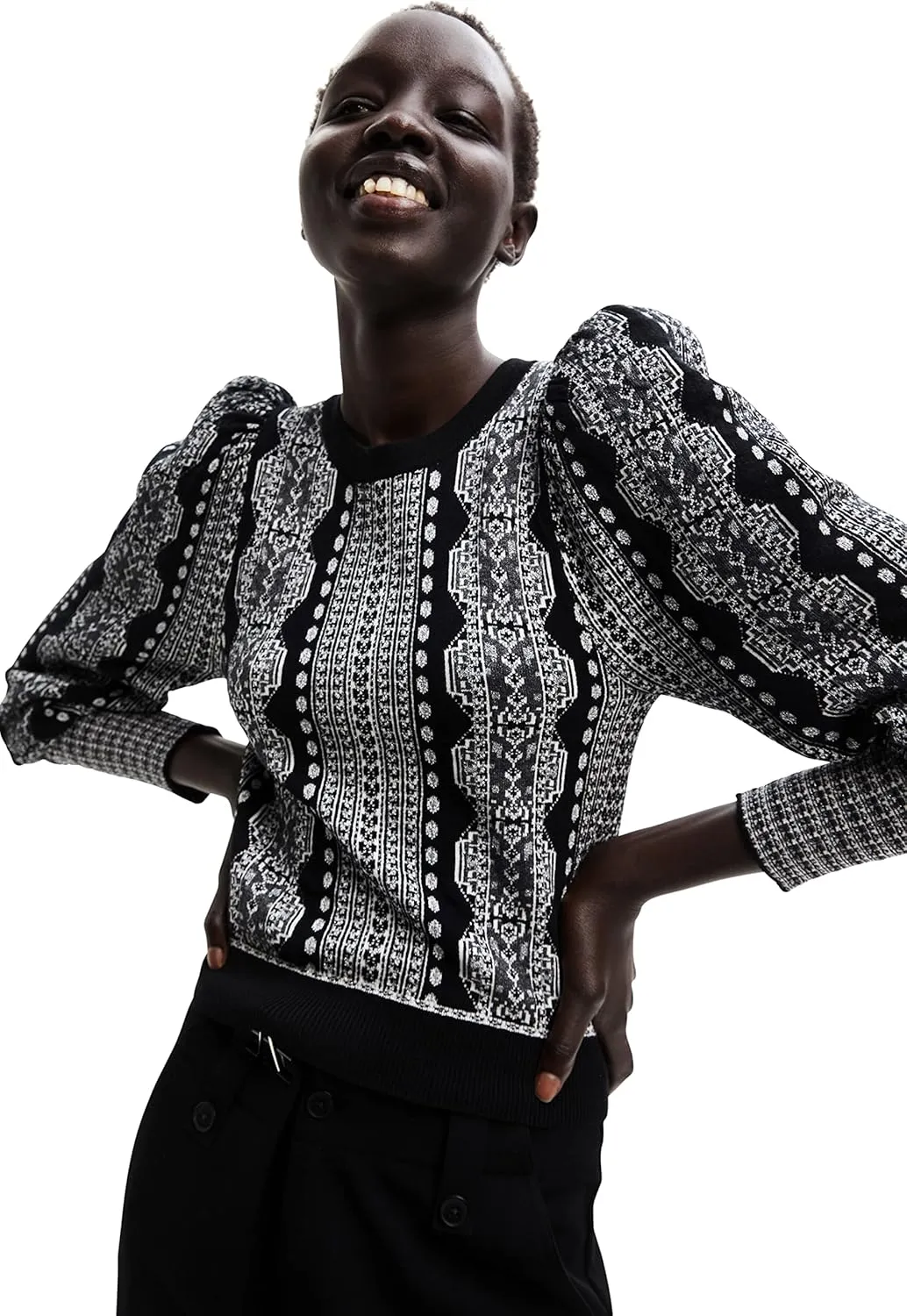 Desigual Damen Pullover - Schwarz-Weiß Strickpullover mit Muster 22WWJFA22000 GR. XL