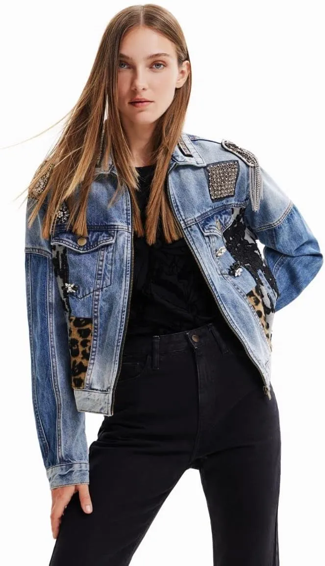 Desigual Damen Jacke - Blau, Denim mit Pailletten und Animal-Print 22WWED085005 GR. S