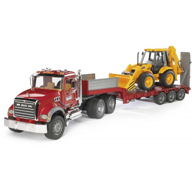 Bruder_02813_Mack_Granite_Lkw_Mit_Tieflader_+_Jcb_4Cx_Baggerlader, Transport, Lastwagen, Fahrzeug, Maschine, Rad
