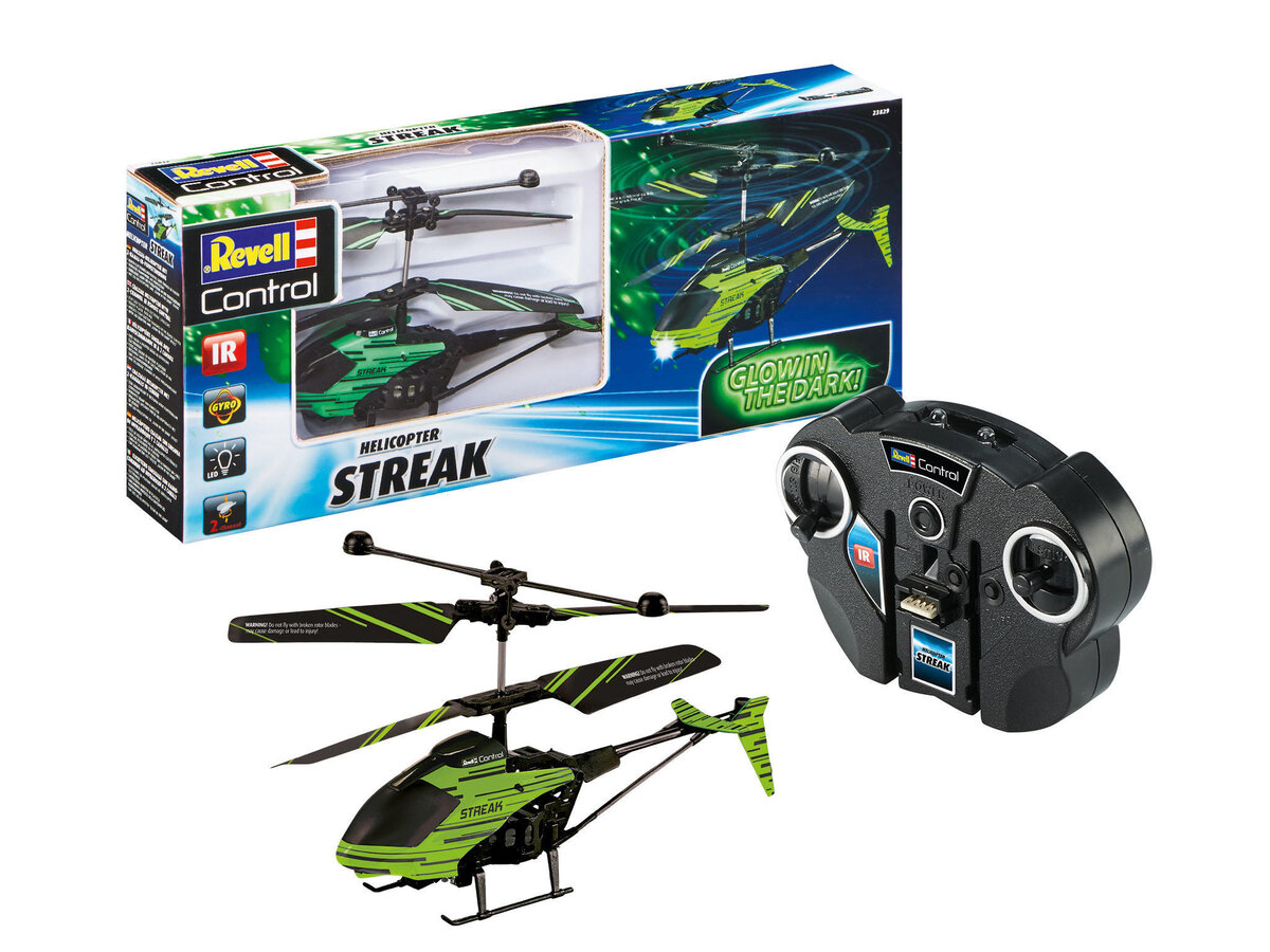 Revell_23829_RC_Helikopter_\"Streak\"_Glow_in_the_dark_Revell_Control_Ferngesteuerter_Hubschrauber, Flugzeug, Hubschrauber, Fahrzeug, Kamera, Videokamera