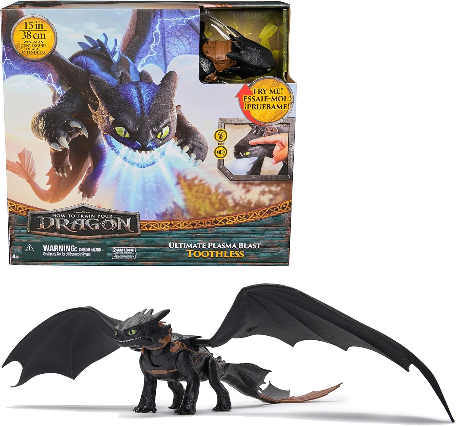 DreamWorks Plasma Blast Ohnezahn – 51cm lange Drachenfigur mit Licht & Sound 6072541 – Verpackung, Zubehör und Details sichtbar