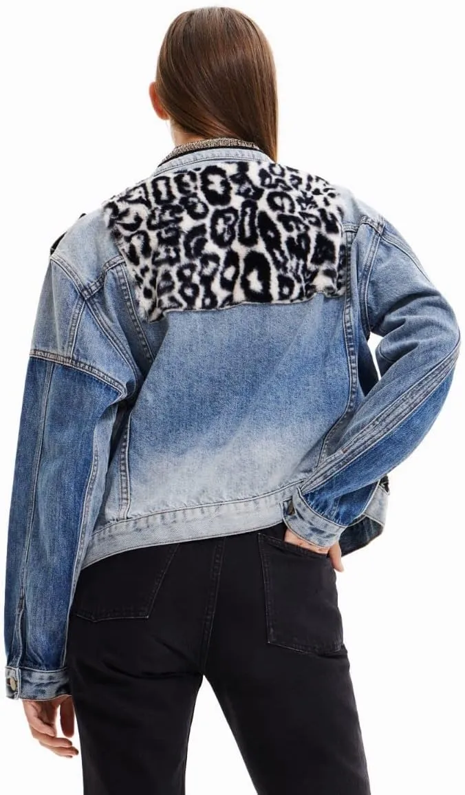 Desigual Damen Jacke - Blau, Denim mit Pailletten und Animal-Print 22WWED085005 GR. S